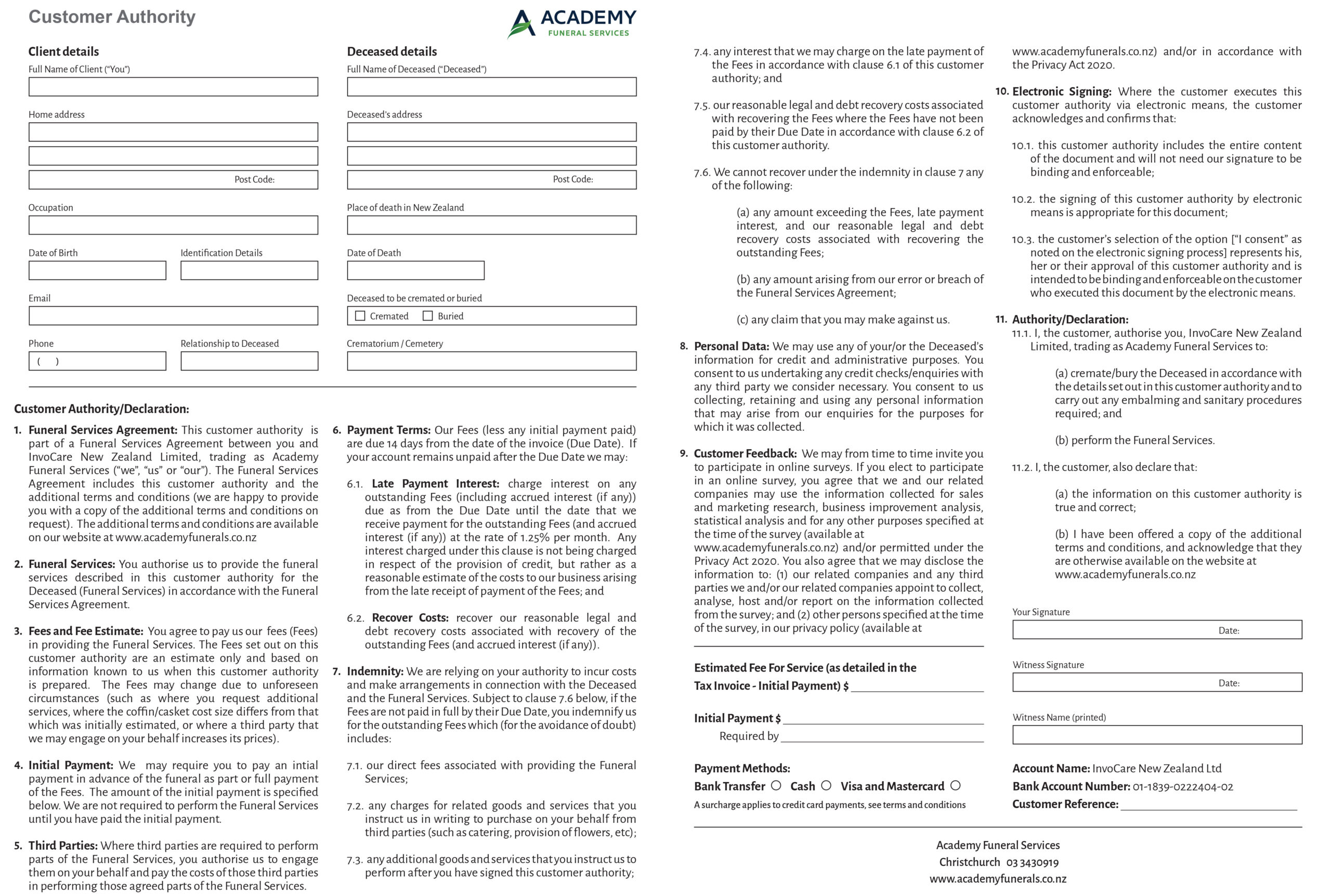 Academy Funeral Services Customer Authority Form